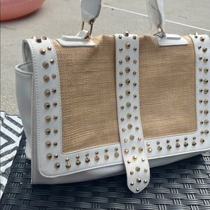 Elegant White and Tan Studded Satchel